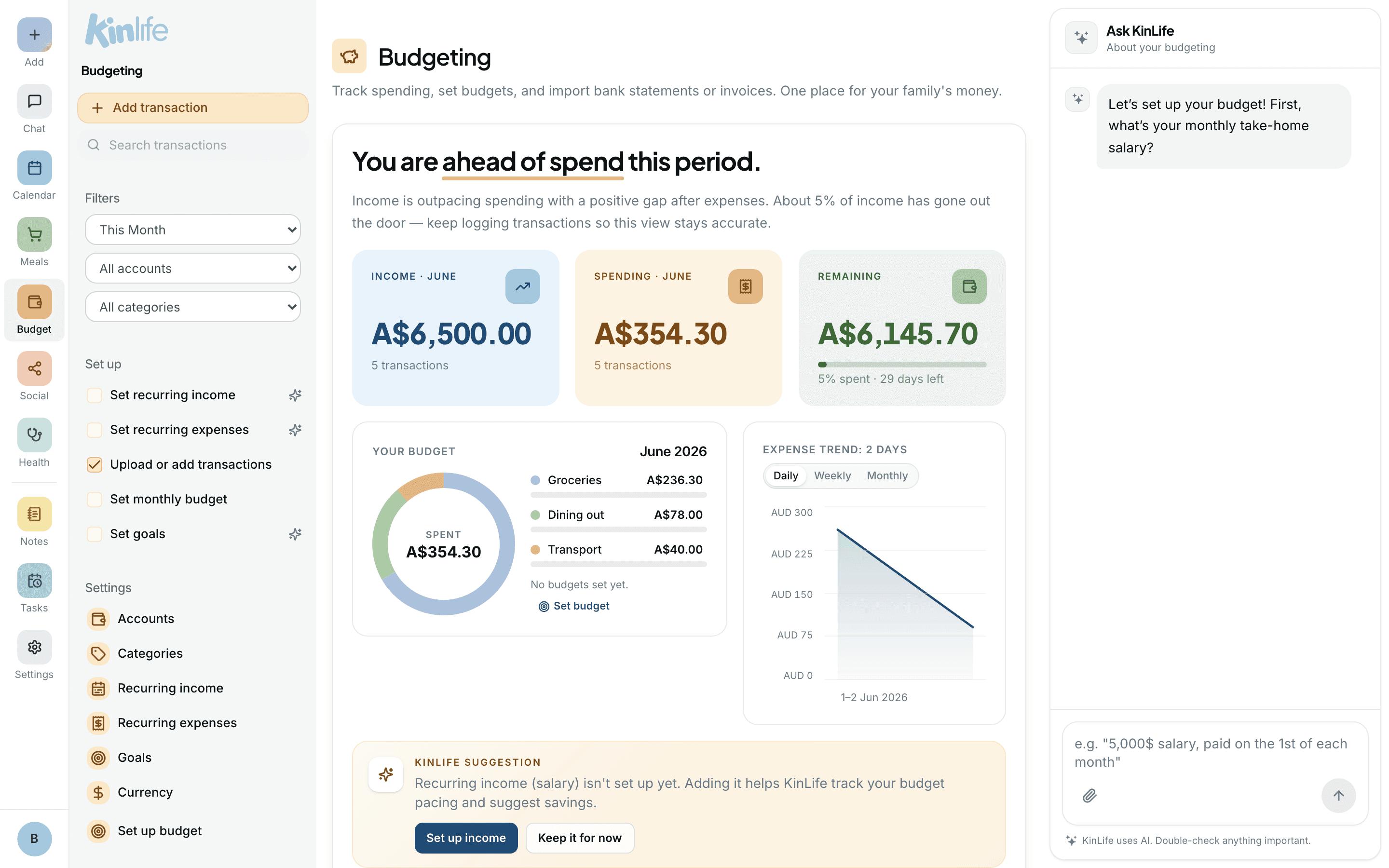 The Budget dashboard: income, spending, and remaining totals, recent activity, and upcoming bills, with a budgeting assistant panel.
