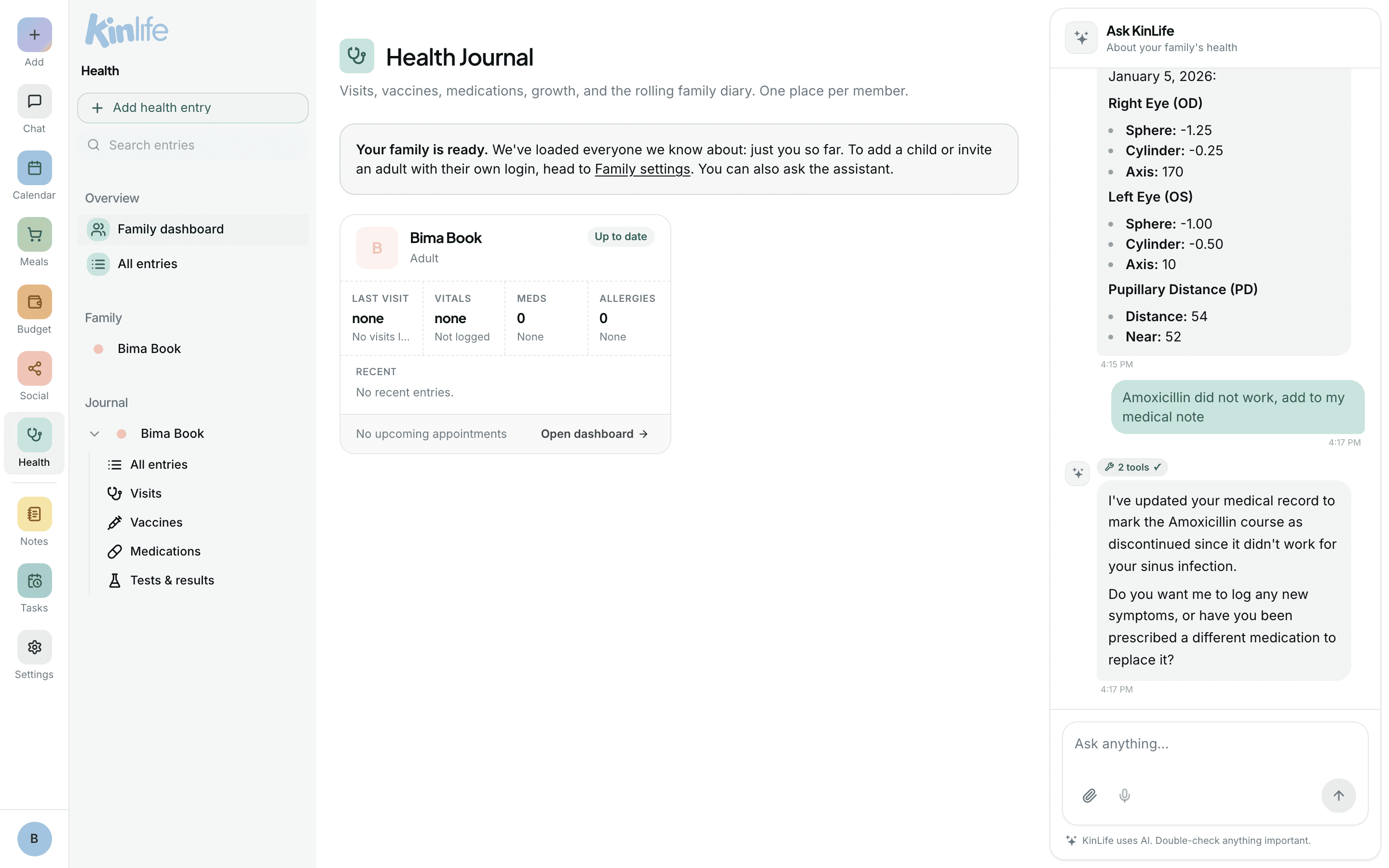 The Health page showing a family member's records grouped by type alongside the health assistant panel.