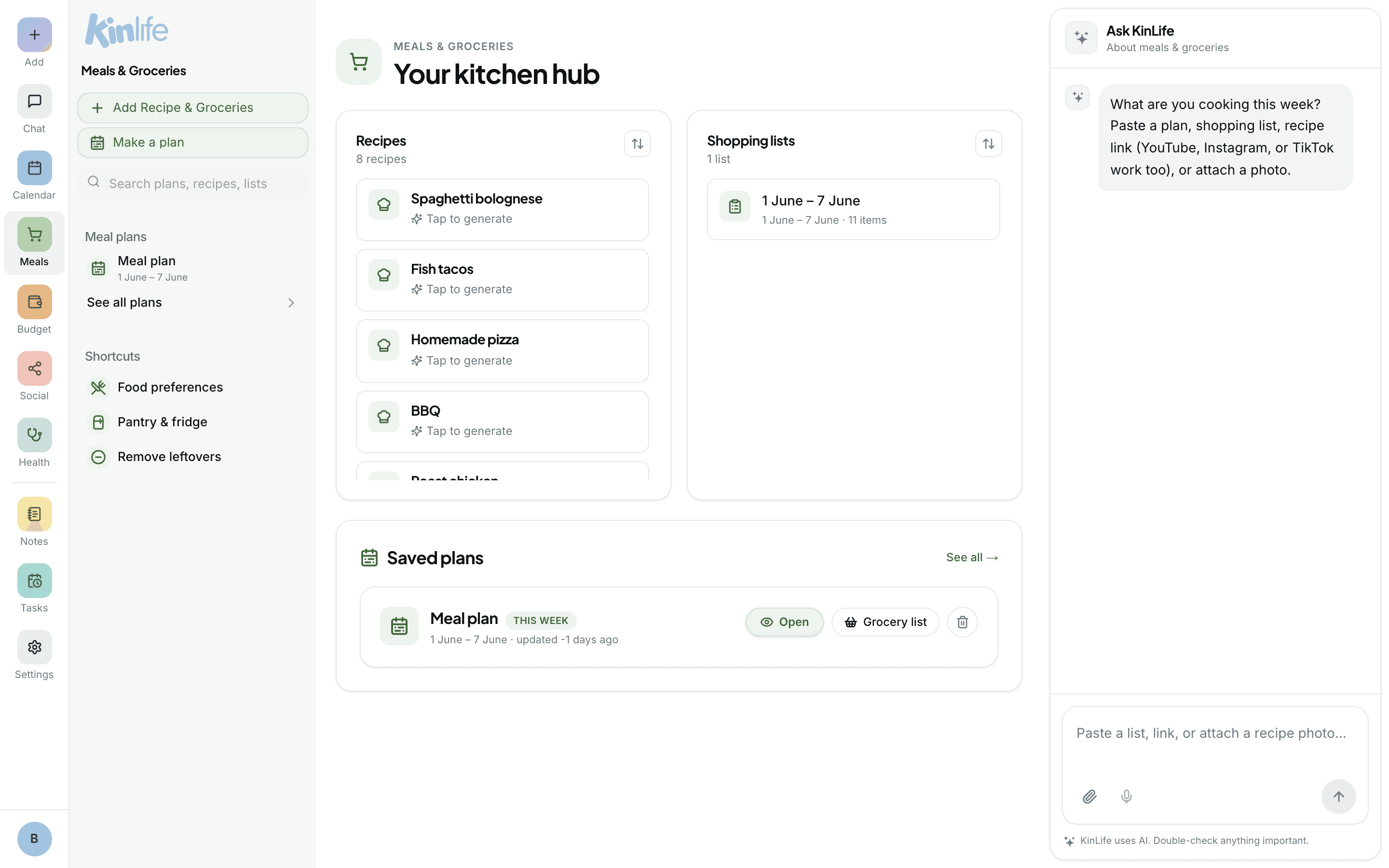 The Meals page with the weekly plan and shopping list alongside an embedded planning chat.